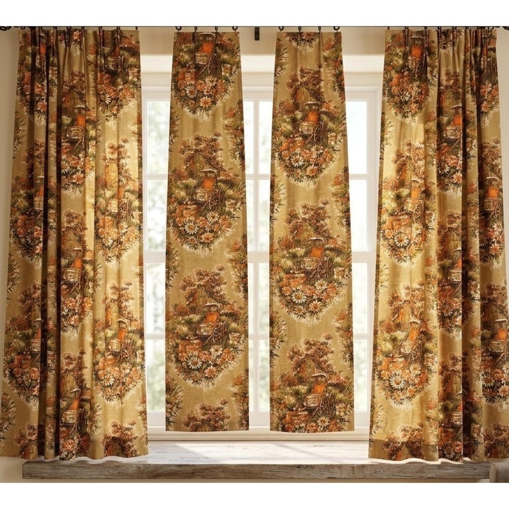 VTG 1970s Western Pioneer Country Life Pinch Pleat Curtain Panels Set 4